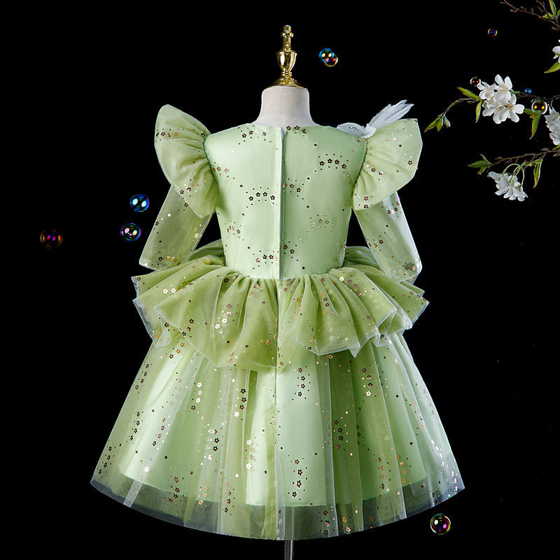 Sage Green Sequin A-Line Flower Girl Dress Long Sleeve Tea