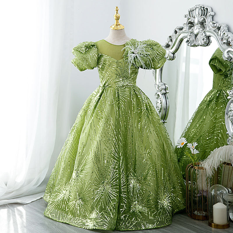 Sage Green Sequin Flower Girl Dress | Boat Neck & Flowers