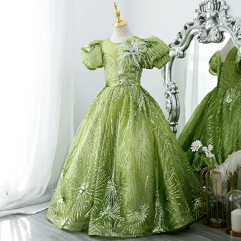 Sage Green Sequin Flower Girl Dress | Boat Neck & Flowers