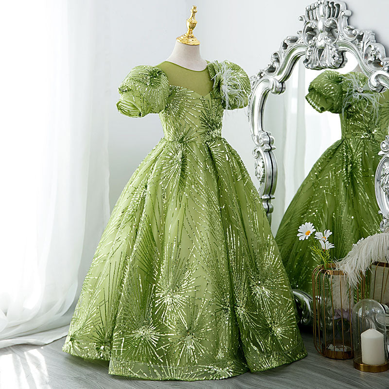 Sage Green Sequin Flower Girl Dress | Boat Neck & Flowers
