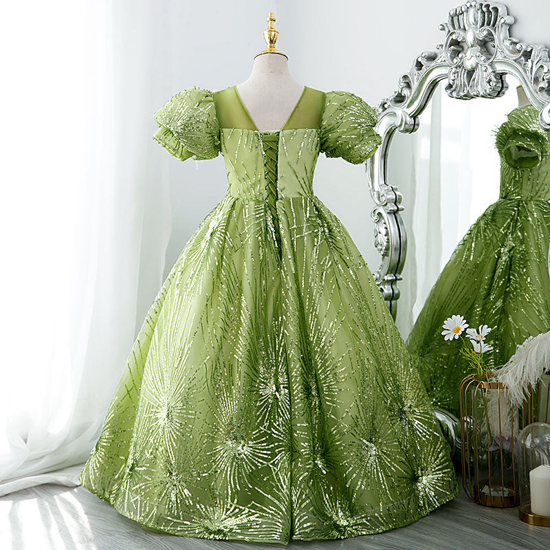 Sage Green Sequin Flower Girl Dress | Boat Neck & Flowers