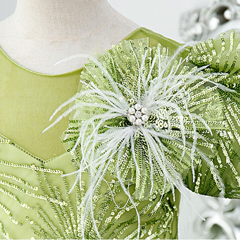 Sage Green Sequin Flower Girl Dress | Boat Neck & Flowers