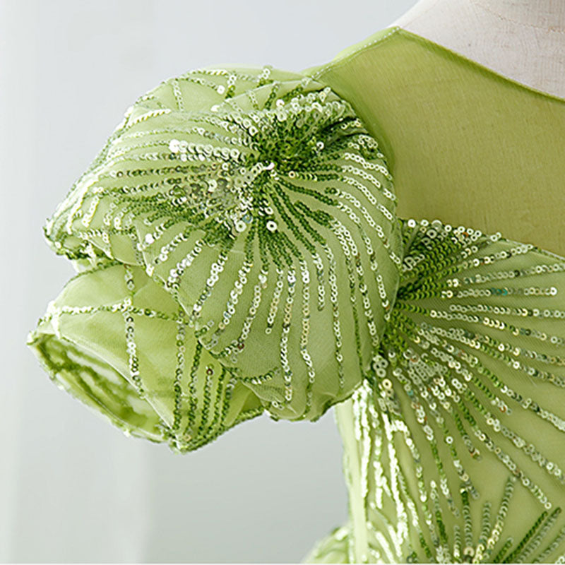 Sage Green Sequin Flower Girl Dress | Boat Neck & Flowers