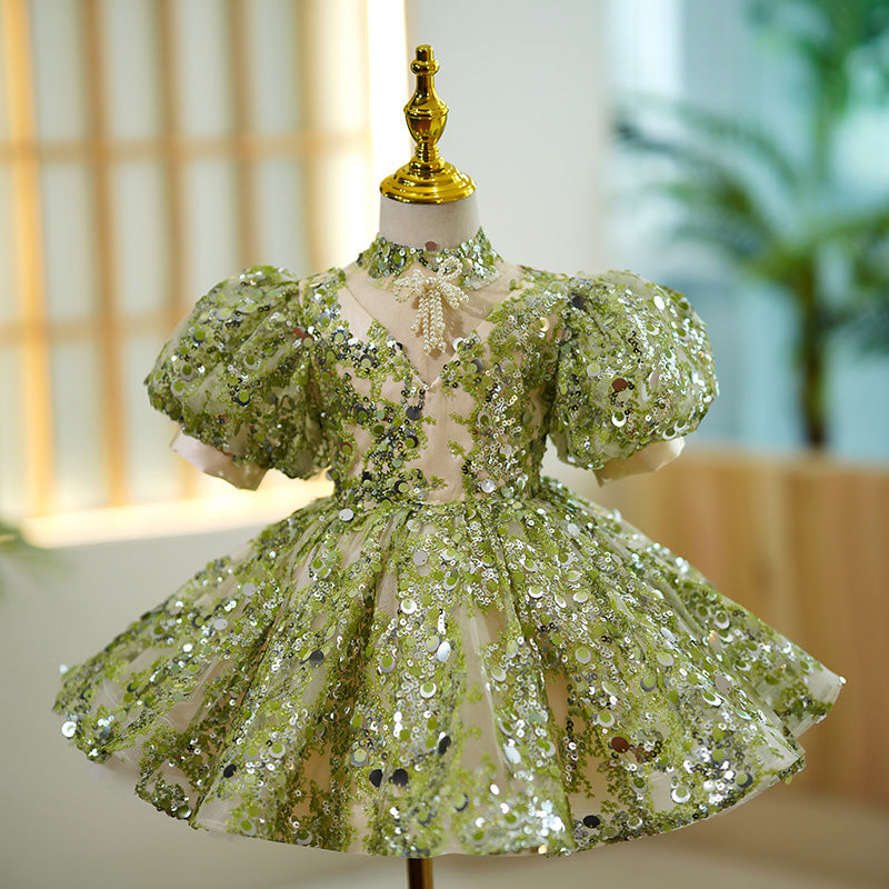 Sage Green Sequin Princess Flower Girl Dress - Puff Sleeves | Sage Green / 7-8 Years (140cm) | Mia Princess Sage Green Sequin Princess Flower Girl Dress - Puff Sleeves | Sage Green / 7-8 Years (140cm) | Mia Princess