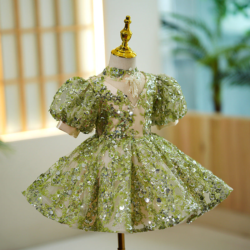 Sage Green Sequin Princess Flower Girl Dress - Puff Sleeves