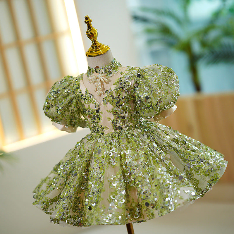 Sage Green Sequin Princess Flower Girl Dress - Puff Sleeves