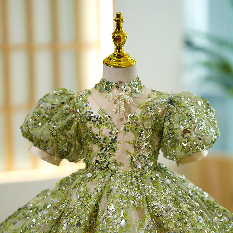Sage Green Sequin Princess Flower Girl Dress - Puff Sleeves