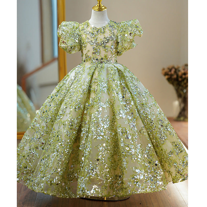 Sage Green Sequin Princess Flower Girl Dress V-Neck Puff