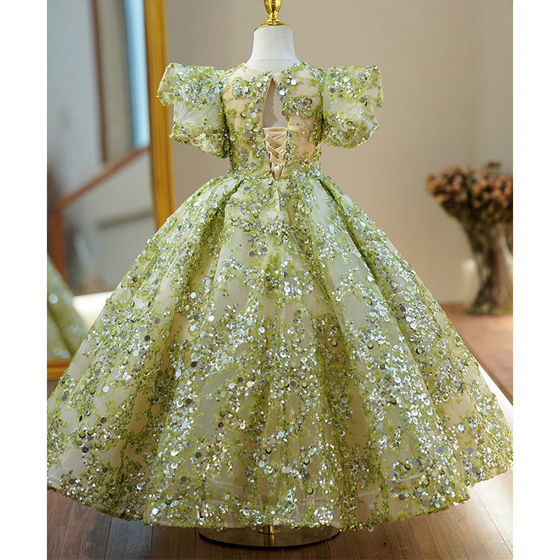 Sage Green Sequin Princess Flower Girl Dress V-Neck Puff