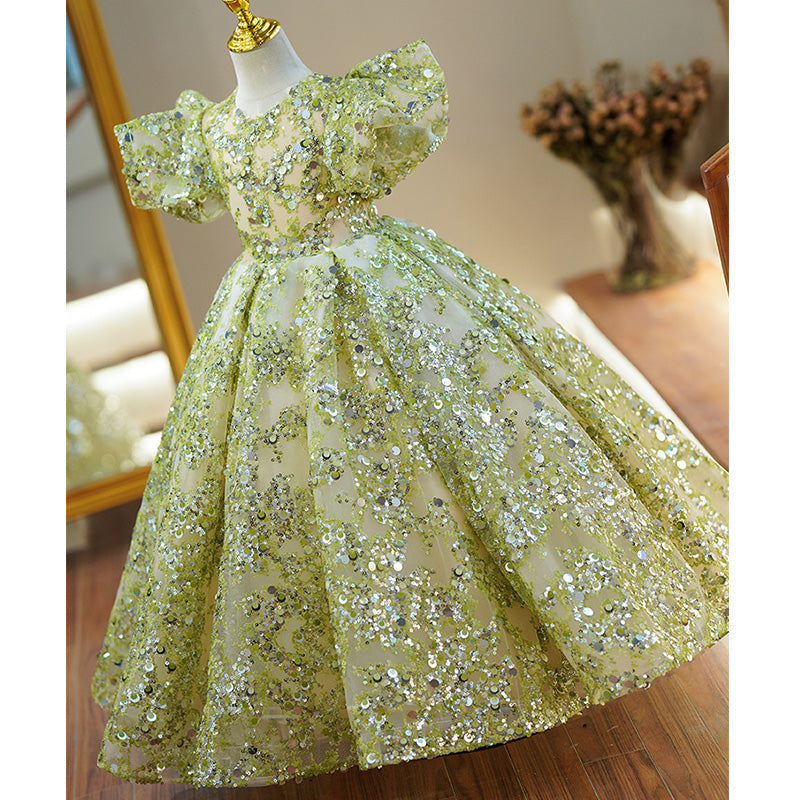 Sage Green Sequin Princess Flower Girl Dress V-Neck Puff