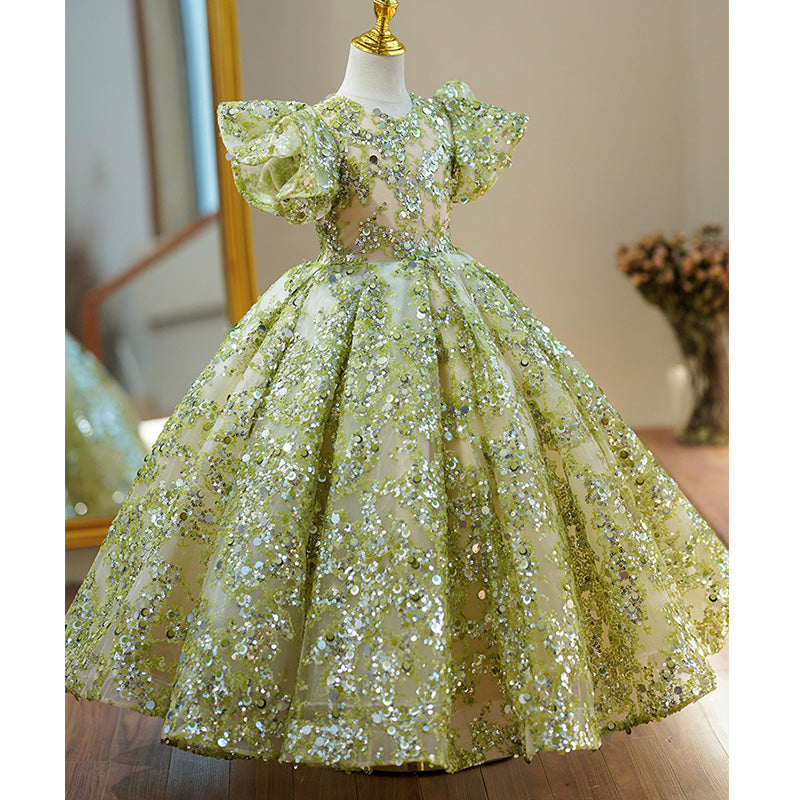 Sage Green Sequin Princess Flower Girl Dress V-Neck Puff