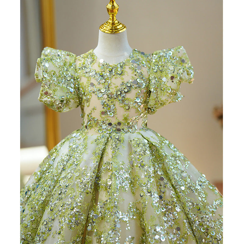 Sage Green Sequin Princess Flower Girl Dress V-Neck Puff