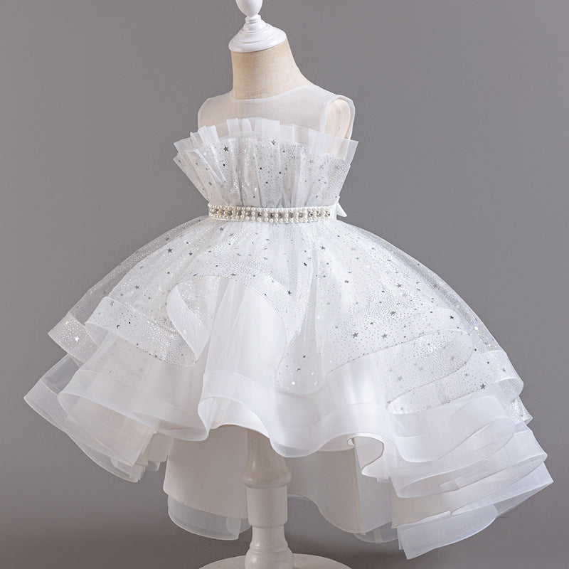 Satin & Tulle Flower Girl Dress with Ruffles & Beaded Accents