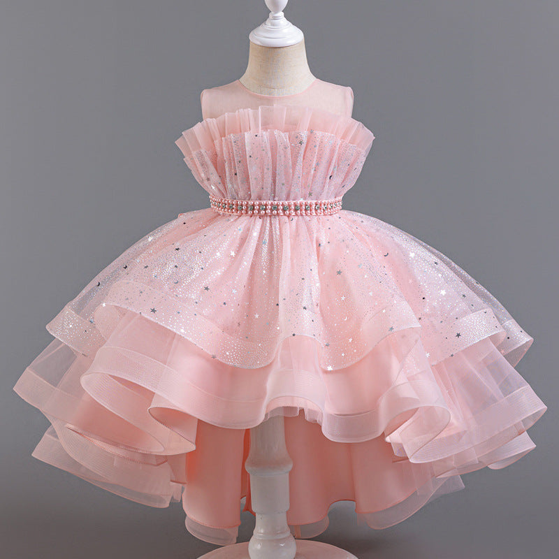 Satin & Tulle Flower Girl Dress with Ruffles & Beaded Accents