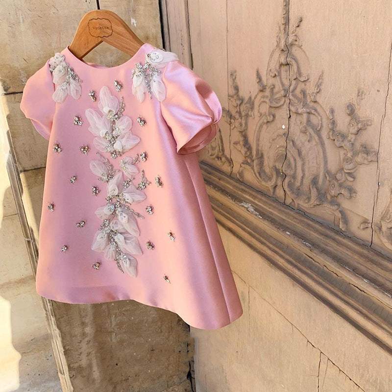 Satin A-Line Flower Girl Dress with Flowers & Sequins