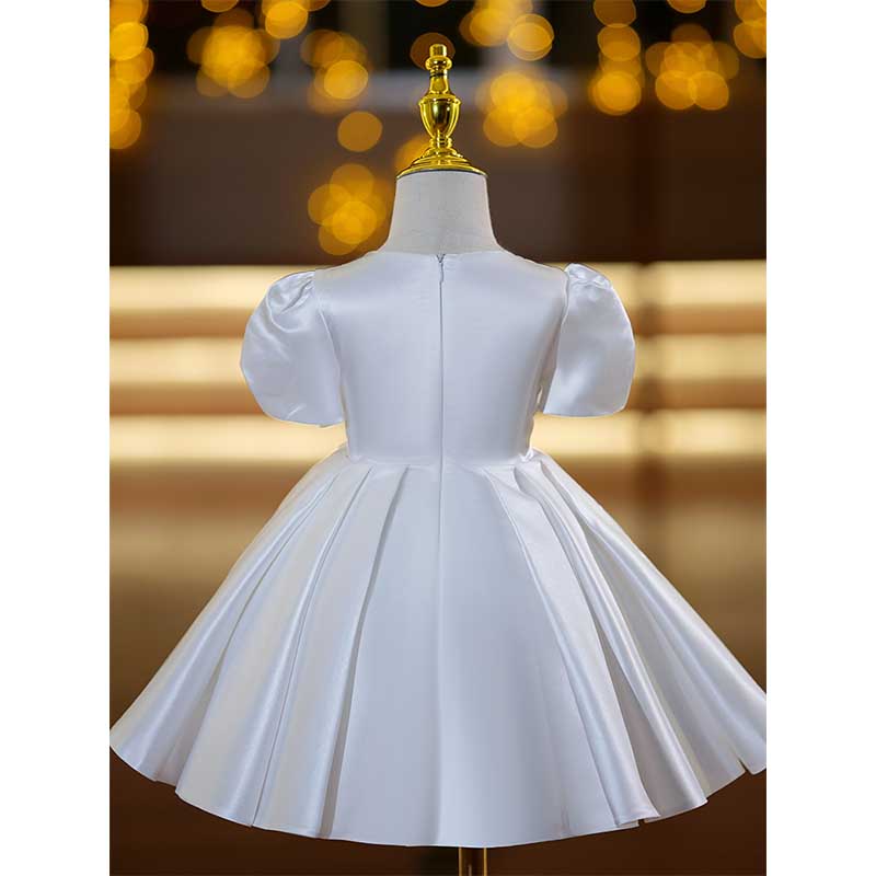 Satin A-Line Flower Girl Dress with Lace & Sequin Puff Sleeves
