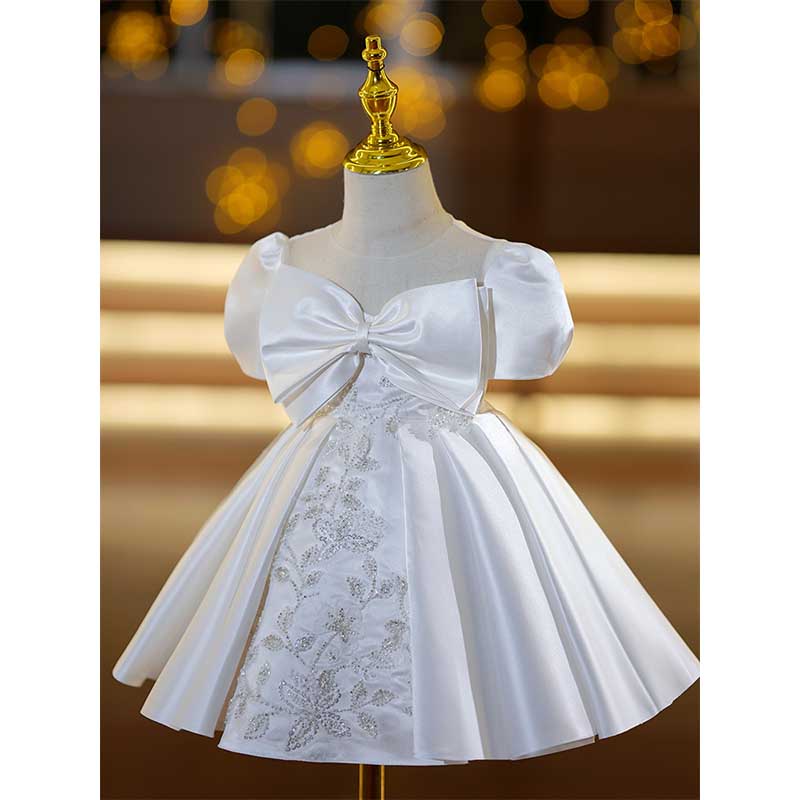 Satin A-Line Flower Girl Dress with Lace & Sequin Puff Sleeves