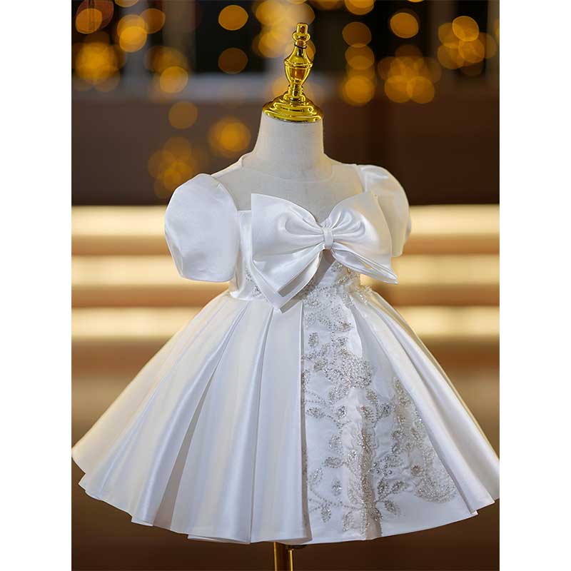 Satin A-Line Flower Girl Dress with Lace & Sequin Puff Sleeves