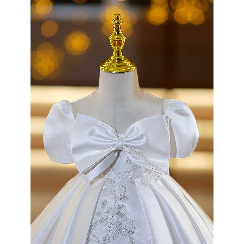Satin A-Line Flower Girl Dress with Lace & Sequin Puff Sleeves