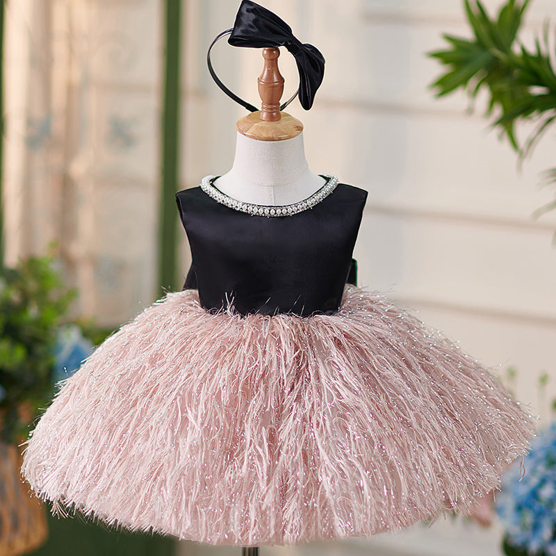Satin Ball Gown Fringe Bow Party Dress for Girls – Special Occasion Knee-Length Dress