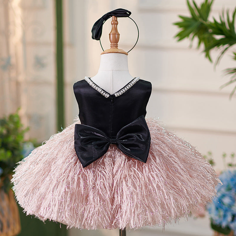 Satin Ball Gown Fringe Bow Party Dress for Girls – Special Occasion Knee-Length Dress