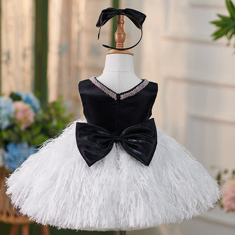 Satin Ball Gown Fringe Bow Party Dress for Girls – Special Occasion Knee-Length Dress