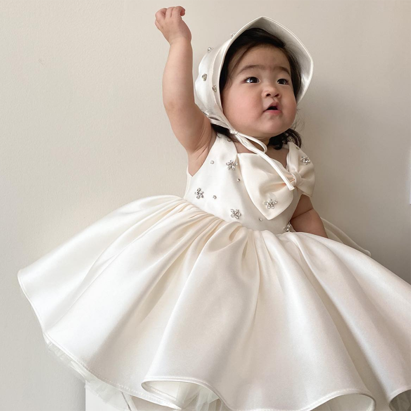 Elegant Satin Ball Gown Flower Girl Dress – Tea Length with Sequins & Bow