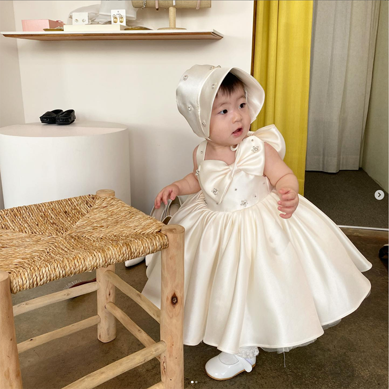 Elegant Satin Ball Gown Flower Girl Dress – Tea Length with Sequins & Bow