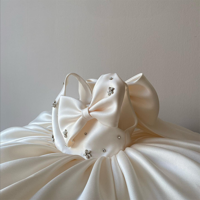 Elegant Satin Ball Gown Flower Girl Dress – Tea Length with Sequins & Bow