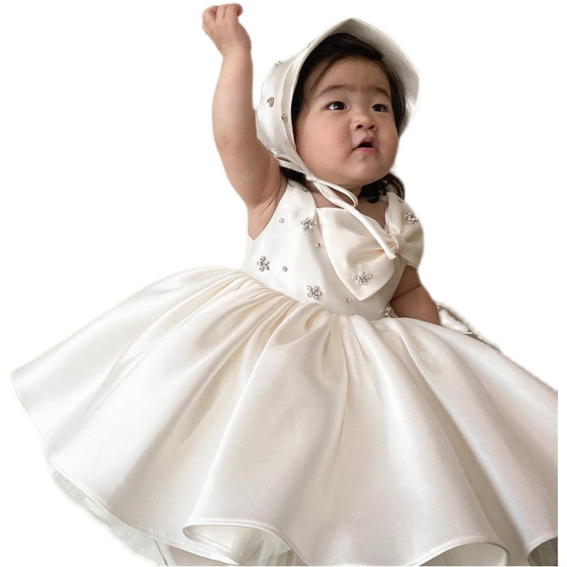 Elegant Satin Ball Gown Flower Girl Dress – Tea Length with Sequins & Bow