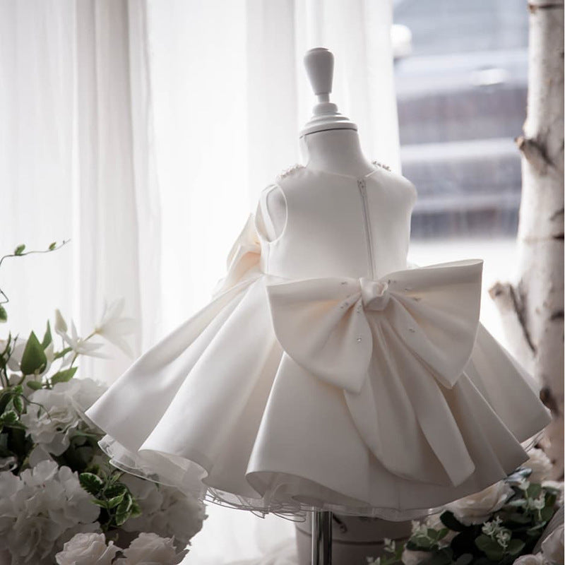 Satin Princess Flower Girl Dress – Bow Back & Ruffle Details