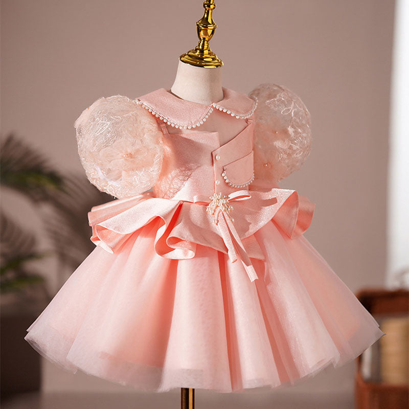 Satin Princess Flower Girl Dress Lace Beaded Collar Tea