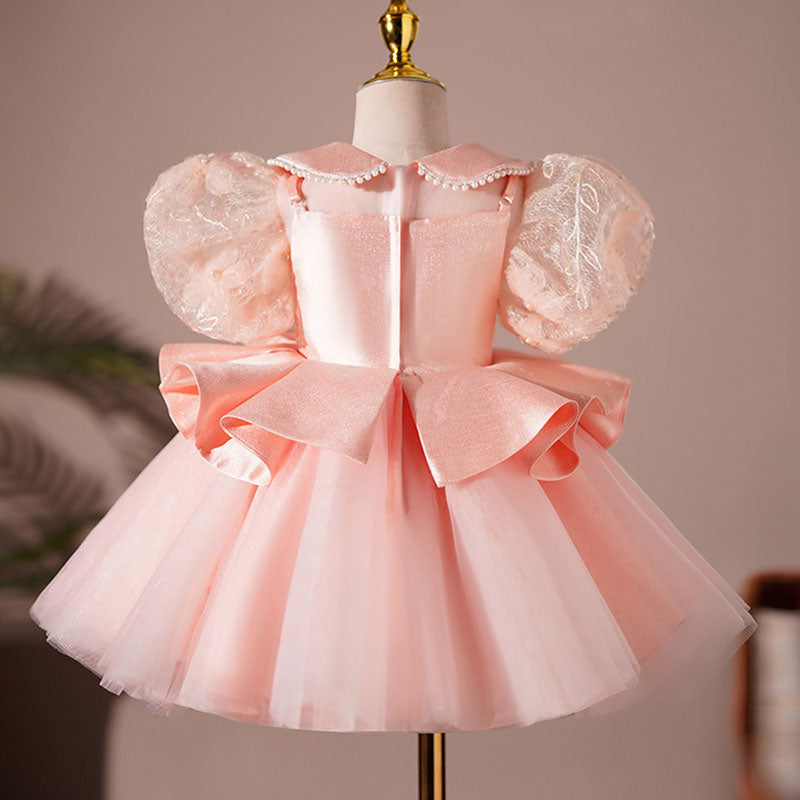 Satin Princess Flower Girl Dress Lace Beaded Collar Tea