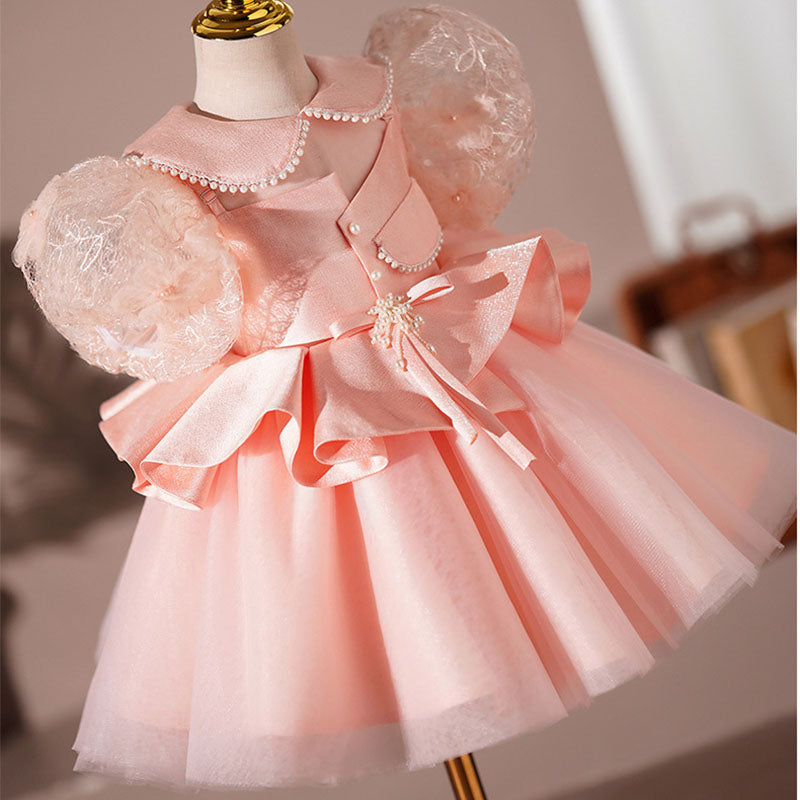 Satin Princess Flower Girl Dress Lace Beaded Collar Tea