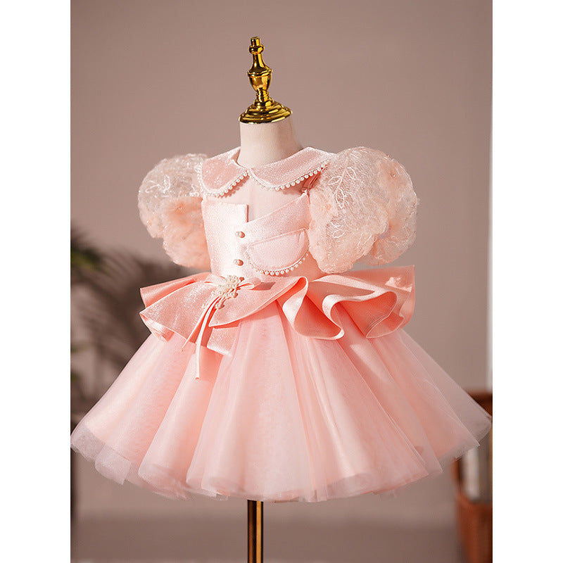 Satin Princess Flower Girl Dress Lace Beaded Collar Tea
