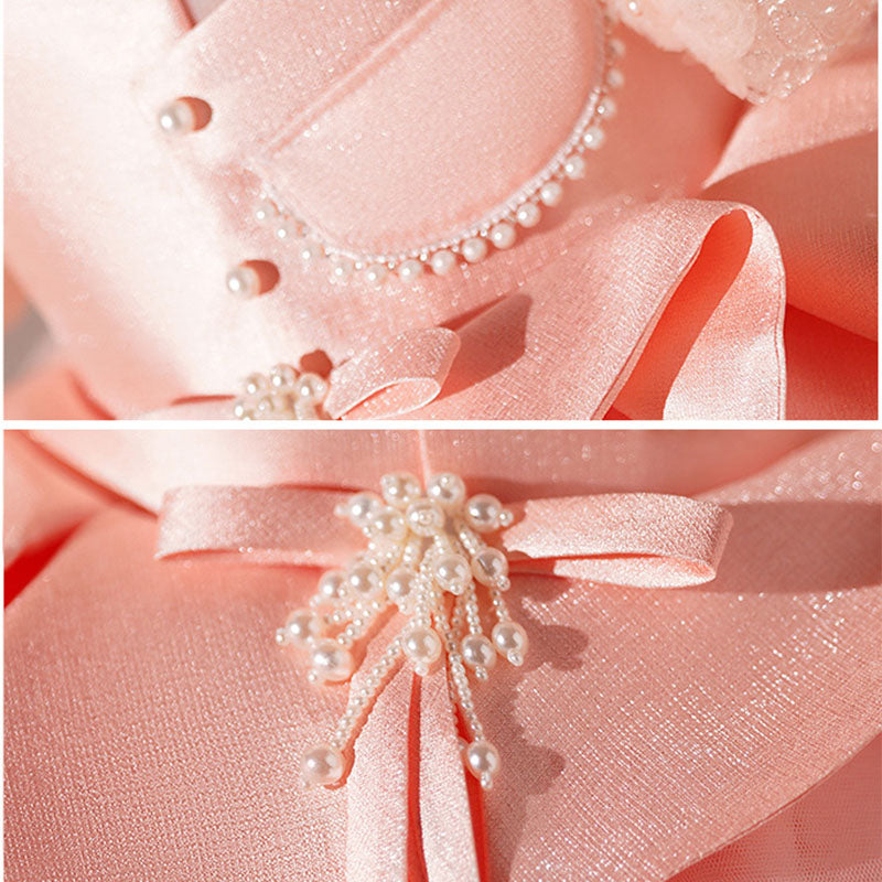 Satin Princess Flower Girl Dress Lace Beaded Collar Tea