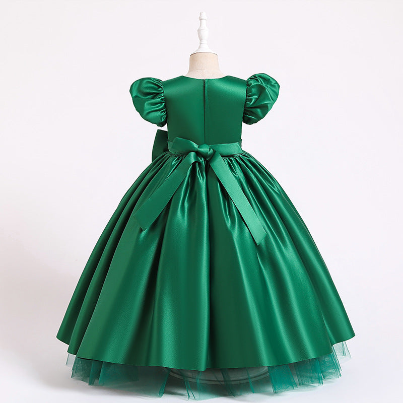 Satin Princess Flower Girl Dress: Puff Sleeves Floor Length