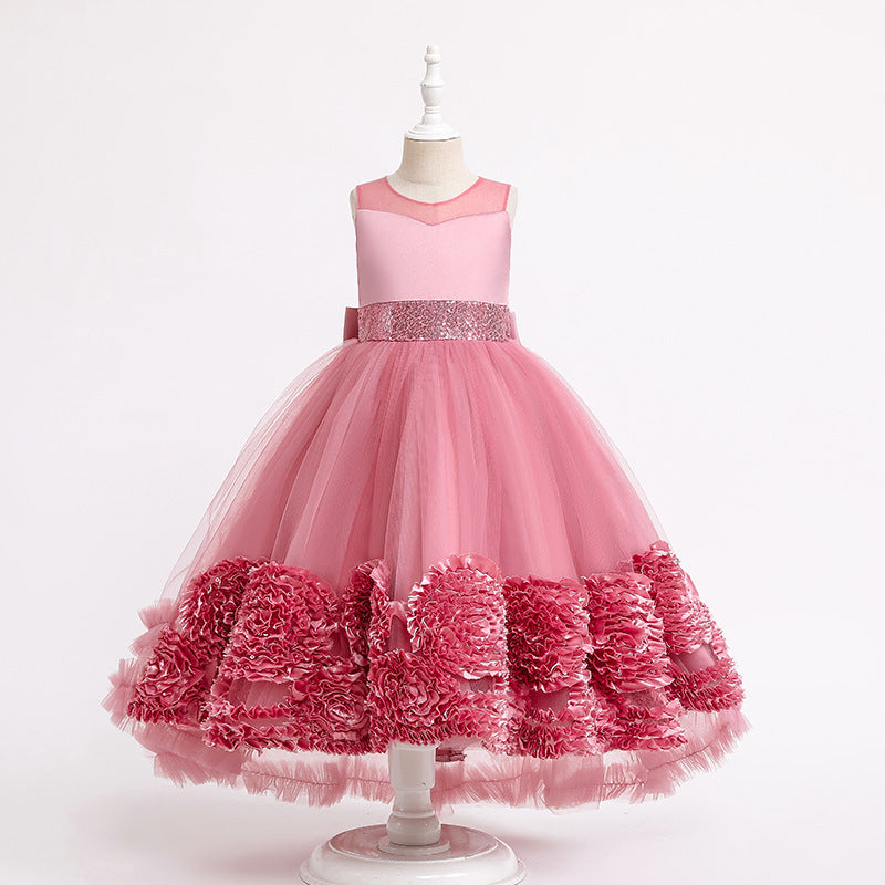 Satin Tulle Princess Flower Girl Dress Sequins Sleeveless