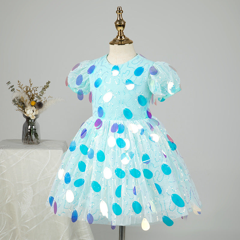 Sequin A-Line Flower Girl Dress Short Puff Sleeve Knee