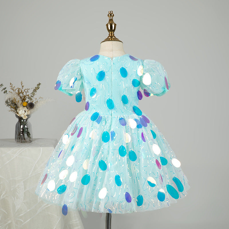 Sequin A-Line Flower Girl Dress Short Puff Sleeve Knee