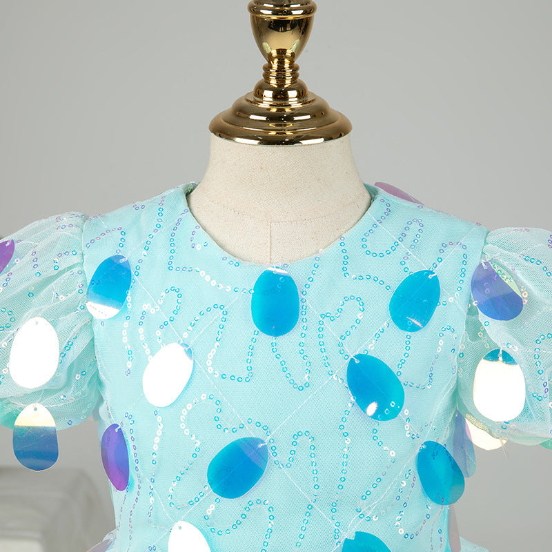 Sequin A-Line Flower Girl Dress Short Puff Sleeve Knee