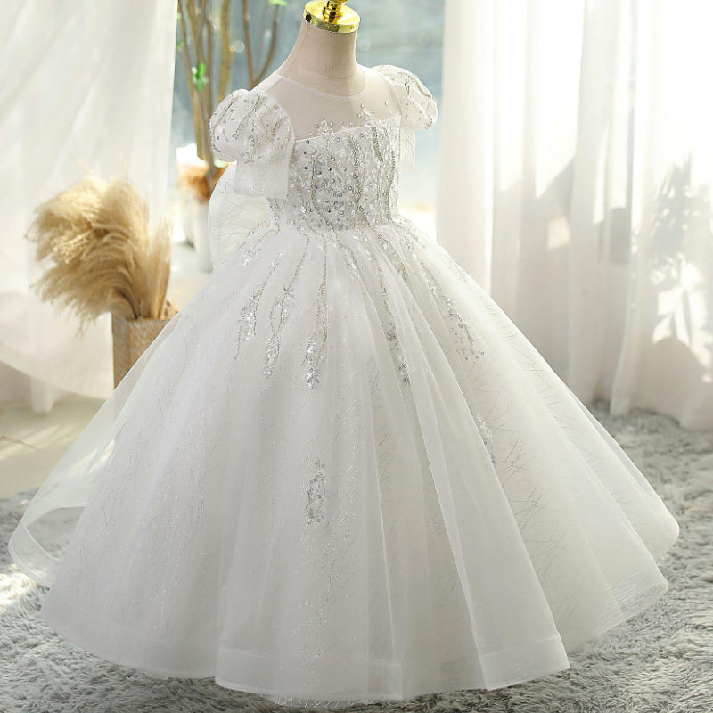 Sequin Bow Princess Tulle Dress for Girls – Floor Length Special Occasion Gown