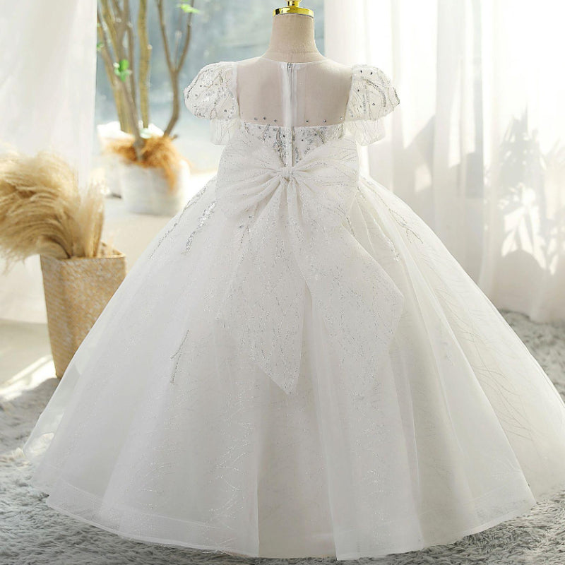 Sequin Bow Princess Tulle Dress for Girls – Floor Length Special Occasion Gown