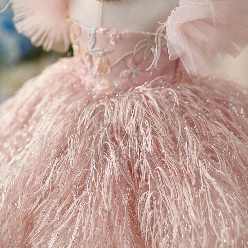 Pink Sequin Illusion Ball Gown Dress for Girls - Short Sleeve Party & Ceremony Dress