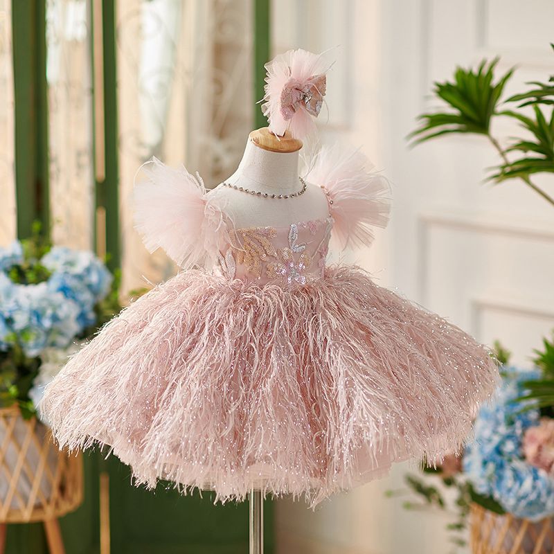 Pink Sequin Illusion Ball Gown Dress for Girls - Short Sleeve Party & Ceremony Dress