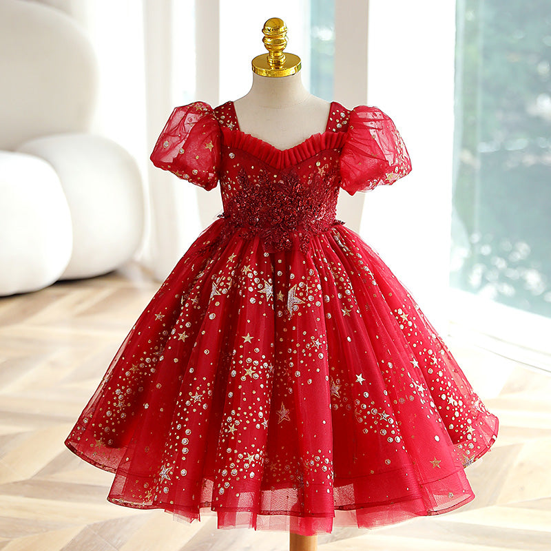 Sequin Princess Flower Girl Dress Lace Flower V-Neck Puff Tea