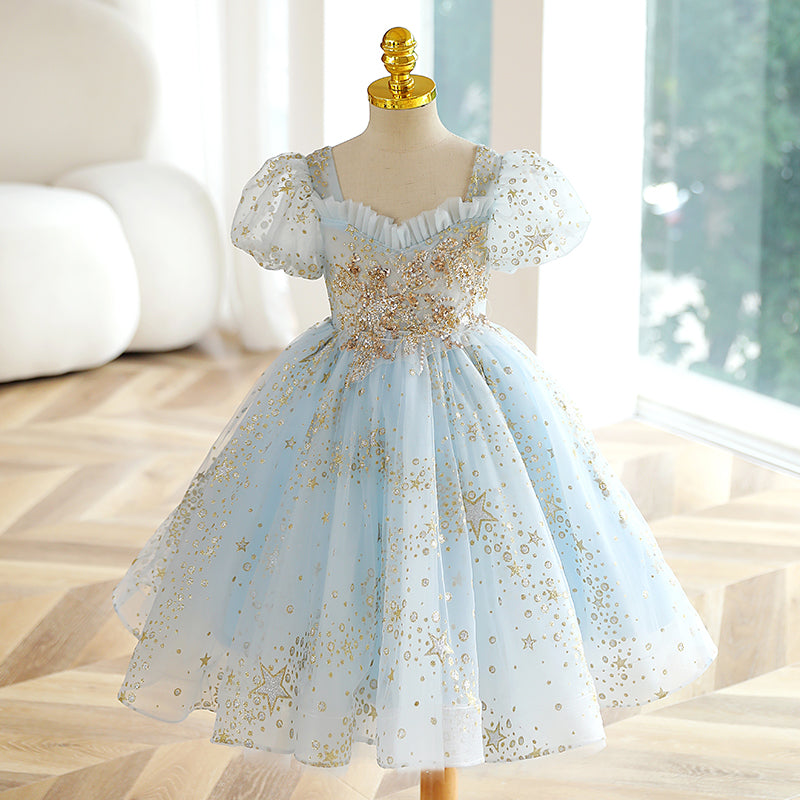 Sequin Princess Flower Girl Dress Lace Flower V-Neck Puff Tea