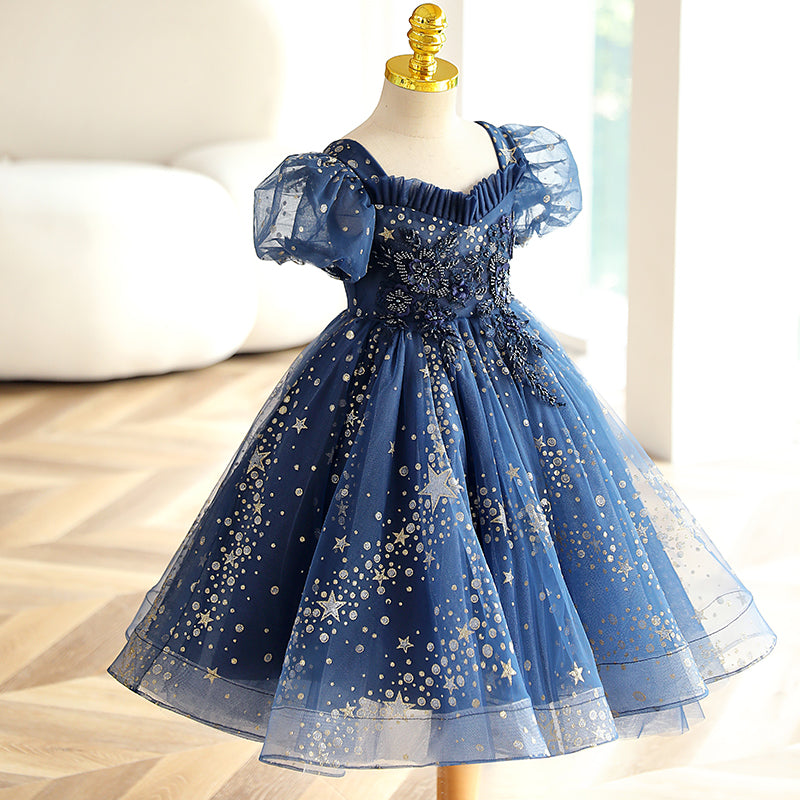 Sequin Princess Flower Girl Dress Lace Flower V-Neck Puff Tea
