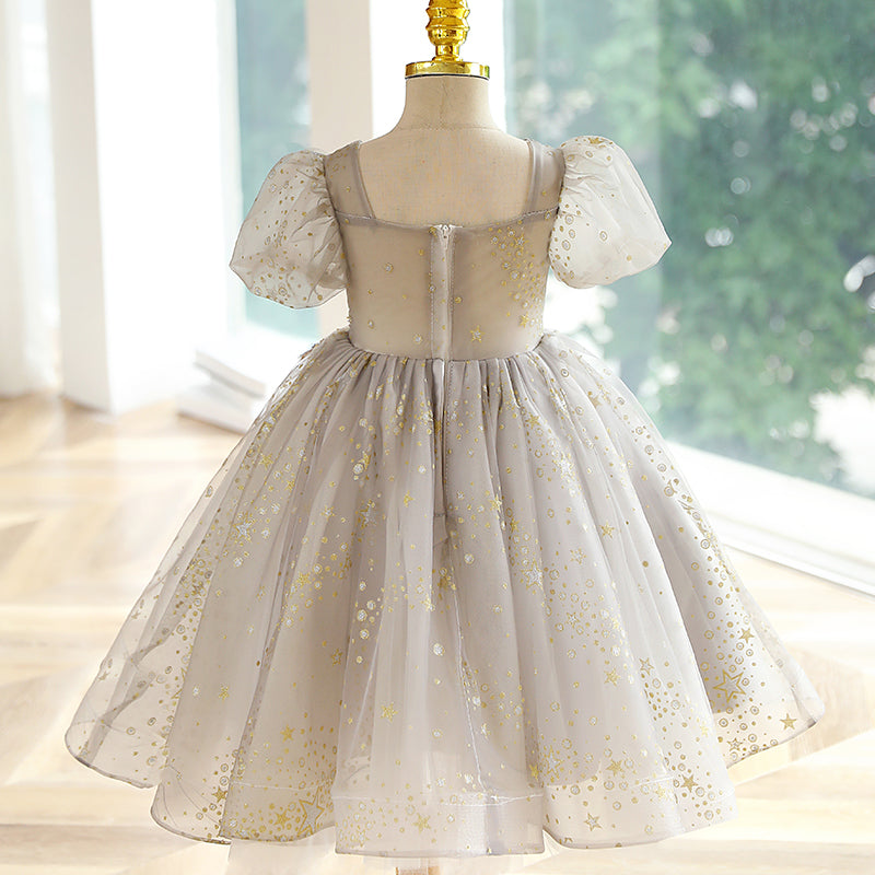 Sequin Princess Flower Girl Dress Lace Flower V-Neck Puff Tea