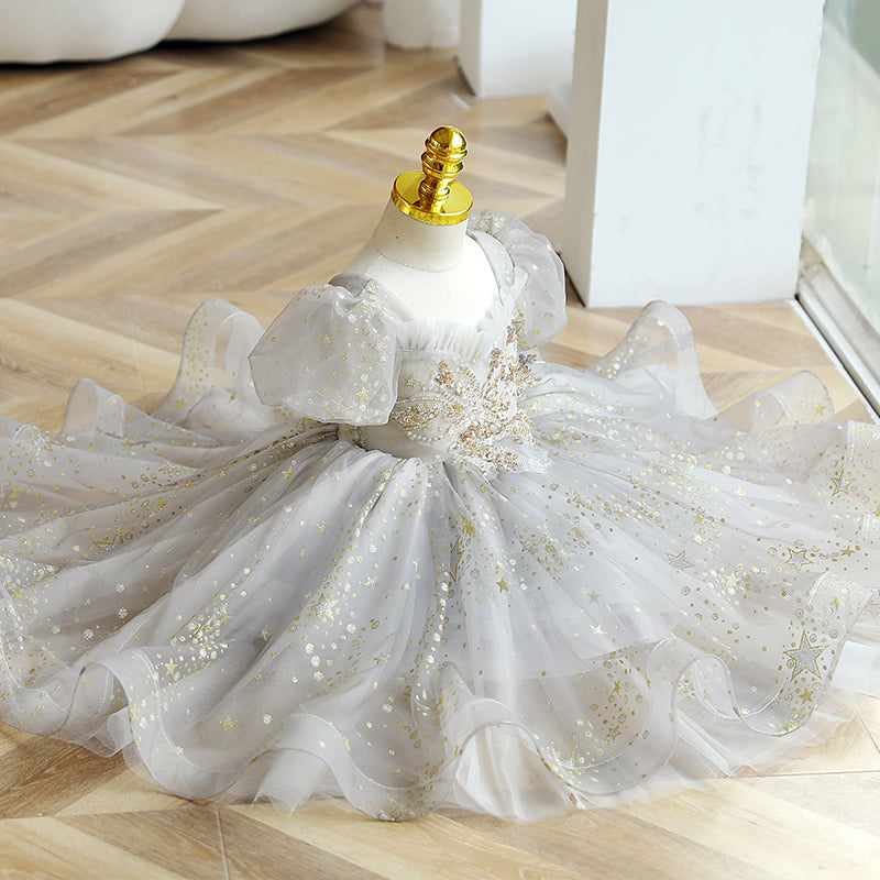 Sequin Princess Flower Girl Dress Lace Flower V-Neck Puff Tea